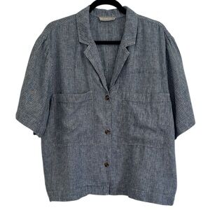 Everlane Linen Blue White Notched Collar Striped Short Sleeve Top Blouse Boxy XL